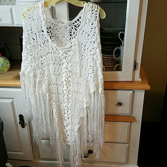 Hand made crocheted poncho with fringe trim pearl beads white